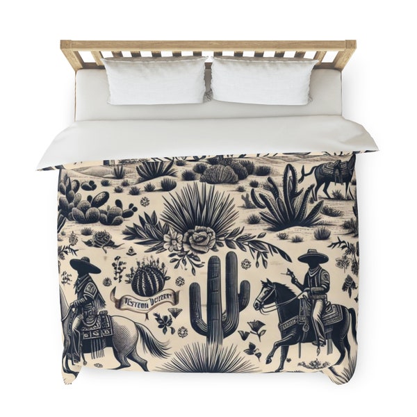 Western Desert Toile Duvet Cover, Twin, Queen, King, Studio, Super Soft, Texas, VRBO, Airbnb, Themed Rental, Cowboy, Cactus, Boho, Sagebrush