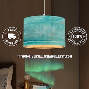 Blue Patina Plug-In Pendant Light with Linen Drum Lampshade, Hanging Lamp