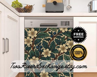May include: A dishwasher cover with a floral design featuring cream-colored flowers, green leaves, and blue berries. The pattern is set against a beige background. The cover is installed on a stainless steel dishwasher.