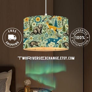 Bear & Doe Plug-In Pendant Light with Woodland Critters Linen Lampshade, Hanging Lamp