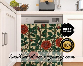 May include: A decorative dishwasher cover featuring a floral design with red roses, green leaves, and a trellis pattern. The design is set against a cream-colored background. The Etsy shop name "Two Rivers Exchange" is displayed at the bottom.