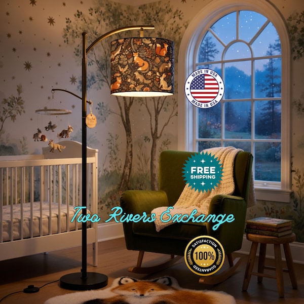 Book Nook Floor Lamp, Woodland Critters Midnight Toile Linen Lampshade, Bookish Decor, USA Made