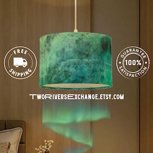 Green Blue Patina Plug-In Pendant Light with Linen Drum Lampshade, Hanging Lamp