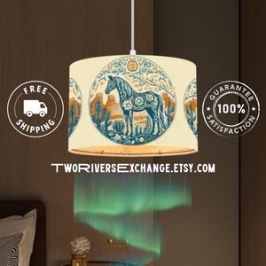 Wild Horses Plug-In Pendant Light with Linen Lampshade, Hanging Lamp