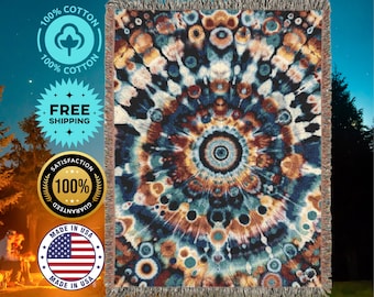 Manta tejida estilo bohemio con diseño de mandala teñido anudado, 100 % algodón, fabricada en EE. UU.