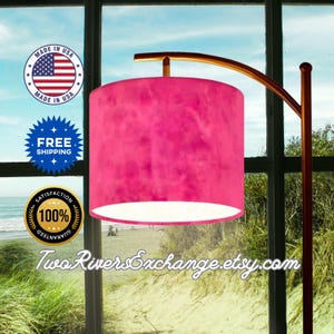 Modern Floor Lamp with Pink Patina Rose Linen Lampshade on Black Stand, USA Made