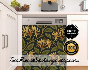 May include: A dishwasher cover with a floral pattern featuring yellow flowers and green leaves on a dark background. The design is reminiscent of vintage botanical illustrations. The text "Two Rivers Exchange.etsy.com" is displayed at the bottom.