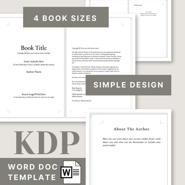 MS Word Book Template for KDP.  Fiction Self Publish Help Guide. One Simple, Easy Design And Four Different Sizes 6x9, 5.5x8.5, 5.25x8, 5x8.