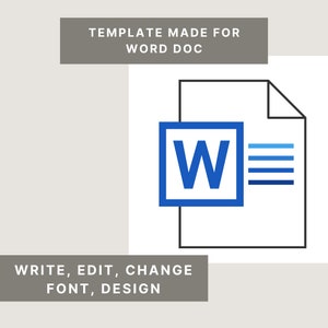 Puede incluir: Un icono en blanco y negro de un documento con una "W" azul en un cuadrado, que representa un documento de Microsoft Word. El texto "TEMPLATE MADE FOR WORD DOC" est&aacute; por encima del icono, y el texto "WRITE, EDIT, CHANGE FONT, DESIGN" est&aacute; por debajo del icono.