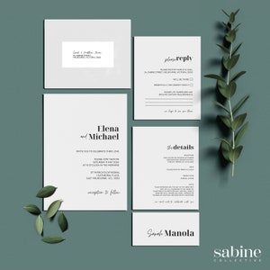 Pacchetto di modelli per matrimoni minimalisti. Pronto per il fai da te. Completamente personalizzabile. Modelli di cancelleria facili da usare. Download immediato. Sabine Collective.