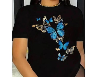 Blue Gold Butterfly T-Shirt, Nature Graphic Design Tee