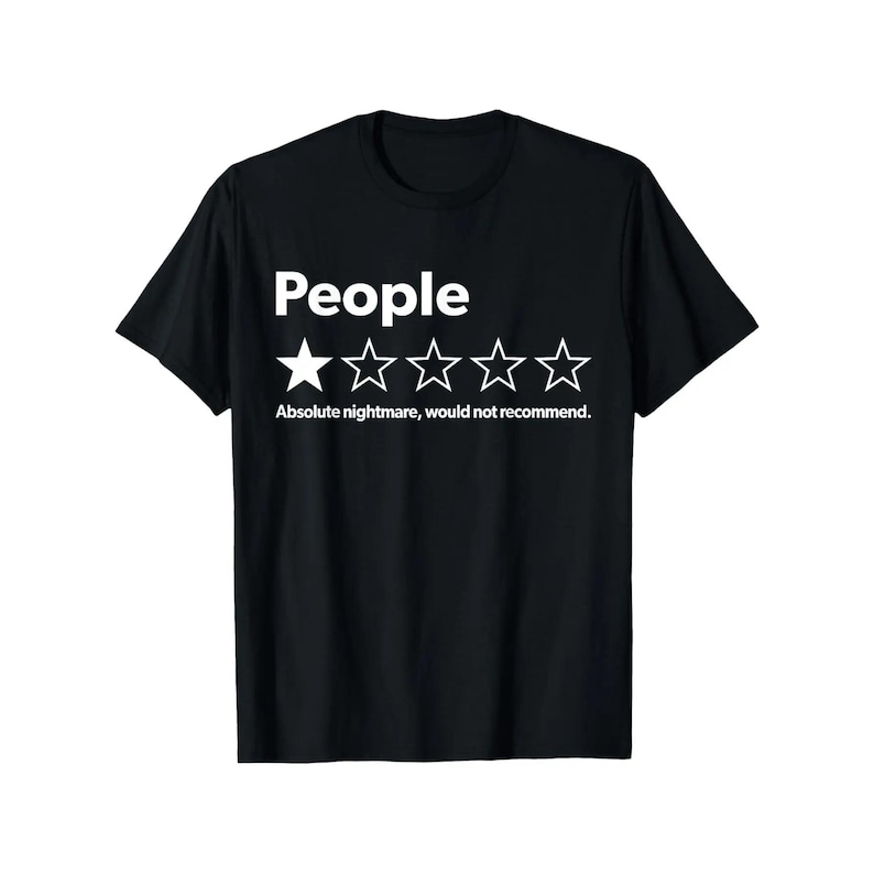 A black t-shirt with white text and stars.