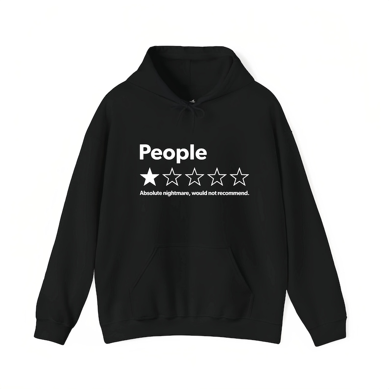 A black hoodie with white text and stars on it.