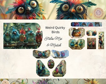 Weird Quirky Birds Junk Journal Folio Printable Bundle, 12 Piece Mix & Match Quirky Birds Ephemera, Paper Craft, 11 x 8.5, Printable Birds