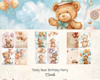 Può includere: Dodici carte stampabili con orsacchiotti con palloncini. Le carte sono progettate per una festa di compleanno a tema orsacchiotto. Il testo sulle carte recita "Teddy Bear Birthday Party Cards".