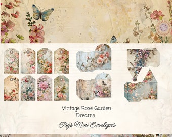 Vintage Rosen Junk Journal Tags & Mini Umschläge, druckbare Rosen Ephemera, Papiermodelle, Scrapbooking 11 x8.5, Mixed Media