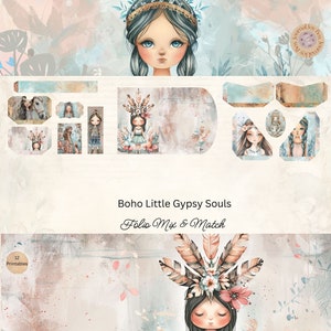 Etiquettes pour carnet de notes petites filles hippies et mini enveloppes, imprimés éphémères petites filles gitanes, créations en papier, scrapbooking 11 x 8,5, techniques mixtes