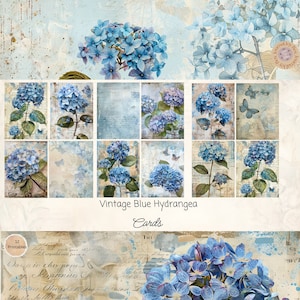 Cartões de diário lixo de hortênsia azul vintage, 12 cartões, coisas efêmeras para impressão de hortênsias, artesanato em papel, colagem digital, 11 x 8,5, coisas efêmeras vintage