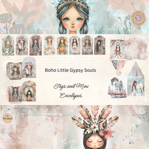Étiquettes de journal indésirable pour filles hippies bohèmes et mini enveloppes, éphémères imprimables filles hippies, créations en papier, scrapbooking 11 x 8,5, techniques mixtes