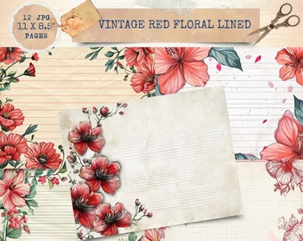 Junk Journal Printable, Red Floral Lined Journal Page, Floral Junk Journal , Floral Vintage Junk Journal Digi Kit, Vintage Printable Journal