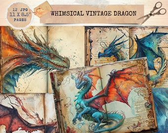 May include: Twelve digital images of whimsical vintage dragon illustrations on aged paper backgrounds. The images are 11 inches by 8.5 inches and are perfect for junk journaling.