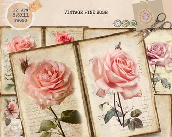 Junk Journal Printable, Pink Rose Journal Papers, Pink Floral Junk Journal, Digi Kit, Digital Craft, Pink Flowers Junk Journal,