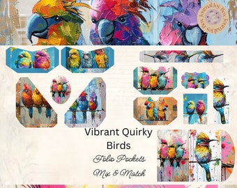 Quirky Birds Junk Journal Folio Printable Bundle, 12 Piece Mix & Match Pockets, Quirky Birds Printable Ephemera, Paper Craft, 11 x 8.5