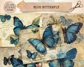 Junk Journal Printable, Blue Butterfly , Vintage Journal Papers, Butterflies Junk Journal , Vintage Junk Journal Digi Kit, Digital Crafts