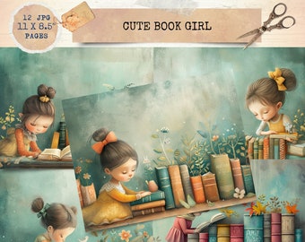 Afdrukbaar ongewenste dagboek, meisje lezen, vintage dagboekpapier, boeken ongewenste dagboek, vintage meisjes dagboek Digi Kit, afdrukbaar dagboek