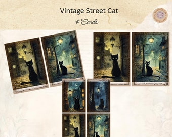 Vintage Cat Junk Journal Cards, 4 Cards, Street Cat Printable Ephemera, Paper Craft, Digital Collage, 11 x 8.5, Vintage Street Cat Ephemera