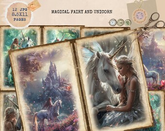 May include: Twelve 8.5x11 inch digital printable pages featuring a magical fairy and unicorn theme. The pages include images of a fairy riding a unicorn, a unicorn and a fairy, a castle in the clouds, and other magical elements.