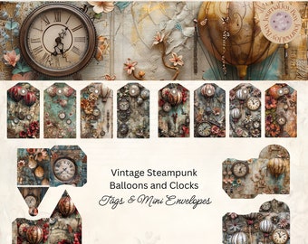 Steampunk Junk Journal Tags And Mini Envelopes, Steampunk Clocks Printable Ephemera, Paper Craft, Scrapbooking 11 x 8.5, Mixed Media