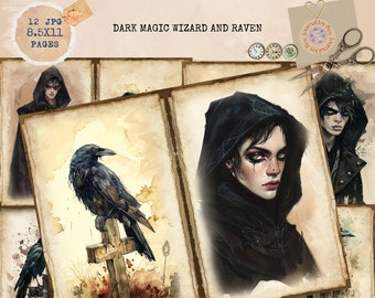 May include: A set of 8.5x11 inch junk journal pages featuring a dark magic wizard and raven theme. The pages include images of a raven on a cross, a wizard with dark hair and a hooded cloak, and a clock with roman numerals.