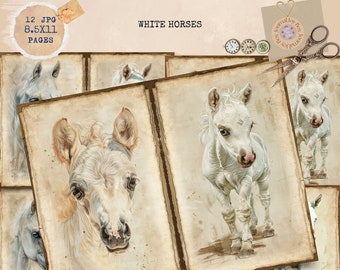 May include: Twelve digital scrapbook pages featuring white horses. The pages have a vintage, distressed look with brown and white tones. The images include close-ups of horses' faces and full-body shots.