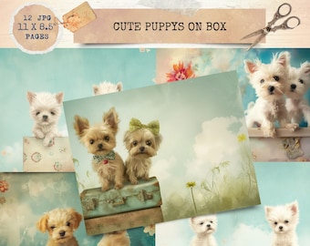 Junk Journal Printable, Puppies on a Box, Vintage Journal Paper, Puppies Junk Journal , Vintage Junk Journal Digi Kit, Printable Journal