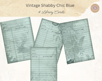 Vintage Shabby Blue Library Cards, Printable  Library Book Cards, Vintage Library Catalog Cards, Paper Craft, Digital Collage, 11 x 8.5,