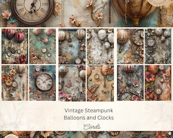 Vintage Steampunk-klokballon Ongewenste dagboekkaarten, 12 kaarten, Steampunk-afdrukbare ephemera, Paper Craft, digitale collage, 11 x 8,5