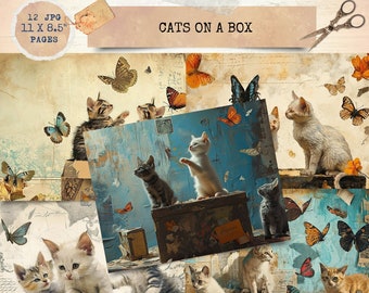 Junk Journal Printable, Cats on a Box, Vintage Journal Papers, Cute Cats Junk Journal , Vintage Junk Journal Digi Kit, Printable Journal