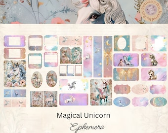 Unicorn Ephemera Cards, 38 Mini Extras Pack, Magical Unicorn Printable Ephemera, Paper Craft, Digital Collage, 11 x 8.5, Fantasy Journal