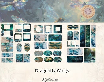 Dragonfly Wings Ephemera Cards, 38 Mini Extras Pack, Dragonfly Printable Ephemera, Paper Craft, Digital Collage, 11 x 8.5, Kids Journal