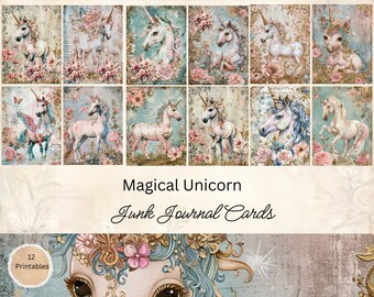 Magical Unicorn Junk Journal Cards, 12 Cards, Unicorn Printable Ephemera, Paper Craft, Digital Collage, 11 x 8.5, Unicorn Portraits