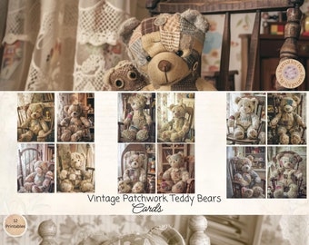 Vintage Patchwork Teddy Bear Junk Journal Cards, 12 Cards, Printable Ephemera, Paper Craft, Digital Collage, 11 x 8.5, Teddy Bear Cards