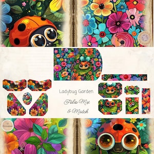 Colorful Ladybug Garden Junk Journal Folio Printable, 12 Piece Mix & Match Pocket, Printable Ephemera, Digital Crafts, 11 x 8.5,