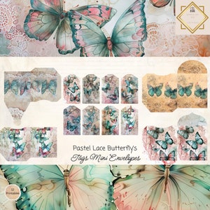 Etichette e mini buste per diario con farfalle pastello, effimeri stampabili di farfalle, lavoretti di carta, scrapbooking 11 x 8,5, tecniche miste