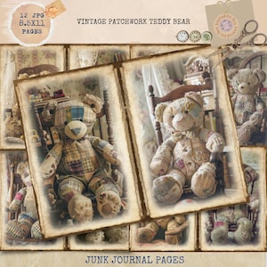 Diario dei rifiuti stampabile, diario dei rifiuti con orsetto patchwork, carta per diario dei rifiuti con orsetto vintage, diario dei ricordi del bambino, effimeri vintage