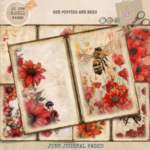 Junk Journal Printable, Rote Mohnblumen und Bienen Junk Journal, Vintage Bienen Junk Journal Papiere, Garten Journal, Bienen Ephemera, Vintage Journal