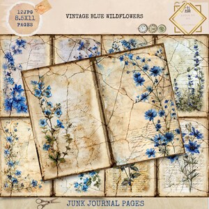 Junk Journal Printable, Vintage Blue Wildflower Garden