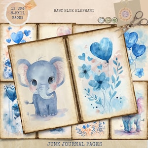 Junk Journal Printable, Baby Blue Elephant Journal, Baby Boy Junk Journal Papers, Blue Elephant Journal, Memory Scrapbook Album