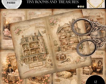 Victorian Dollhouse Junk Journal Papers, 12 Printable Vintage Shabby Chic Pages,  Lace, Roses & Antique Nursery,  Digital Download