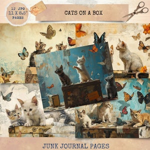 Journal indésirable imprimable, chats sur une boîte, papiers de journal vintage, journal indésirable de chats mignons, kit digi vintage de journal indésirable, journal imprimable